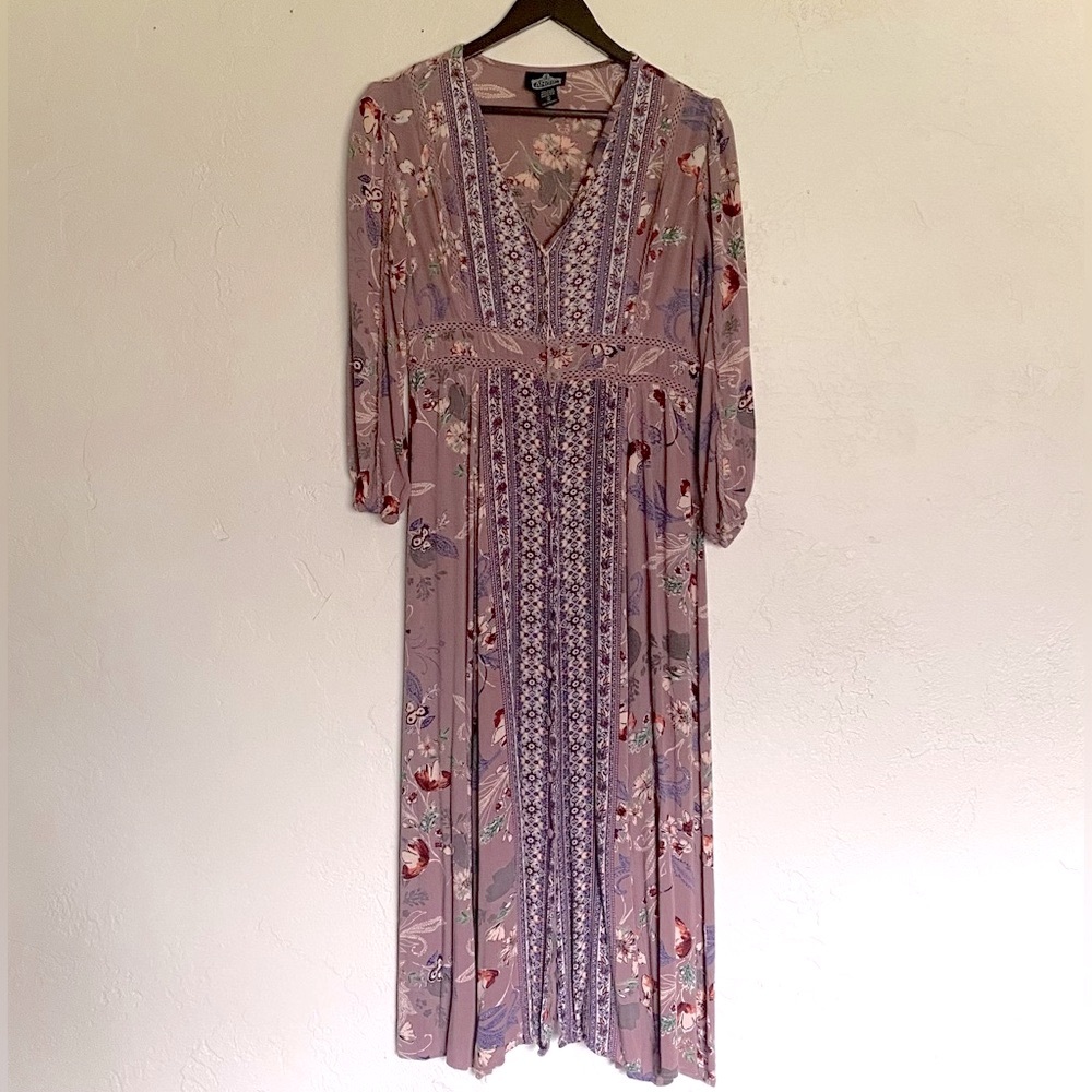 Angie Mauve Purple Lavender Floral Long Sleeve V-Neck Button Maxi Dress Gypsy